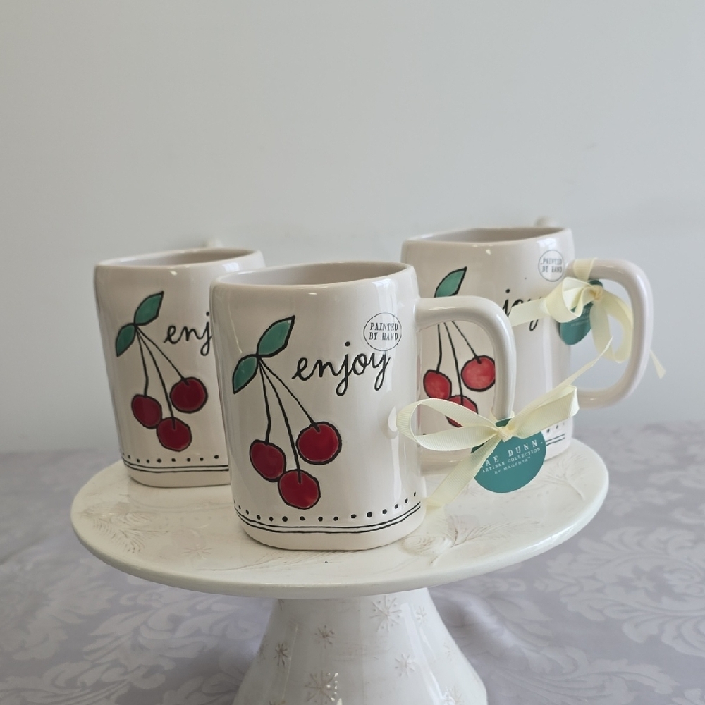 NWT Rae Dunn Set Of 3 Enjoy Cherry Mugs Handpainted Artisan Collection